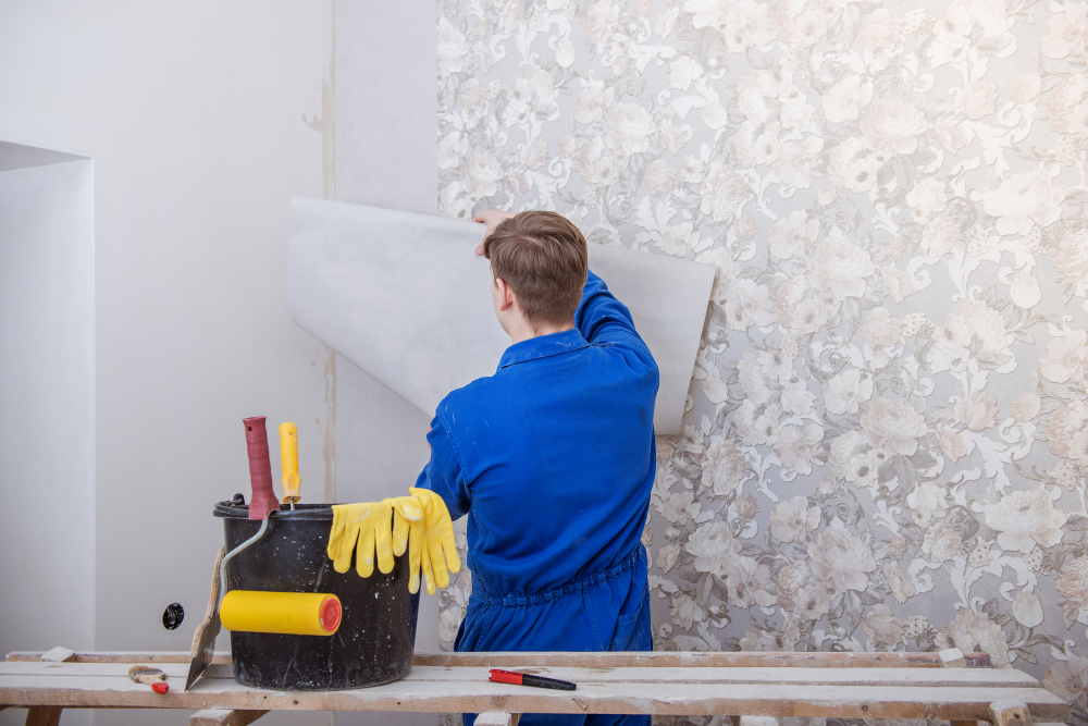 Young,Man,Doing,Repairs,In,Apartment,,Wallpapering,On,Wall